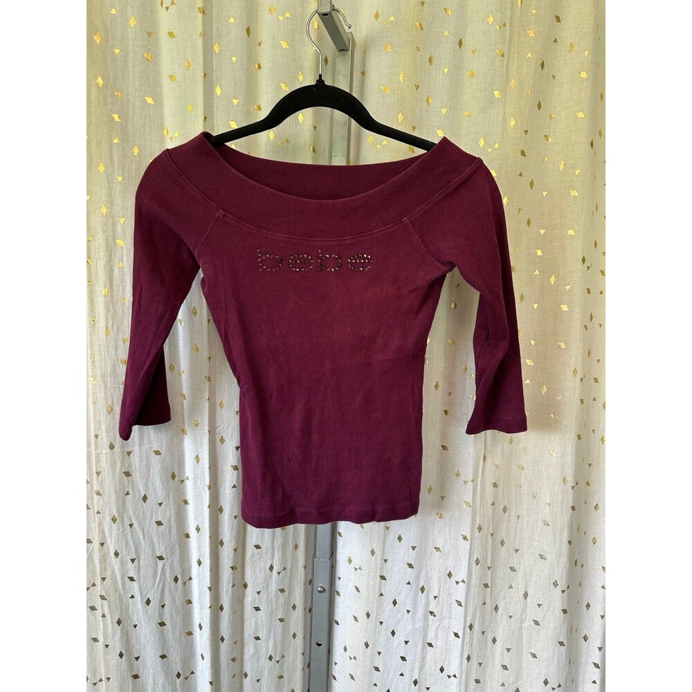 Bebe Y2K Women's Signature Swarovski Crystals Logo Ribbed Scoop Neck Top M